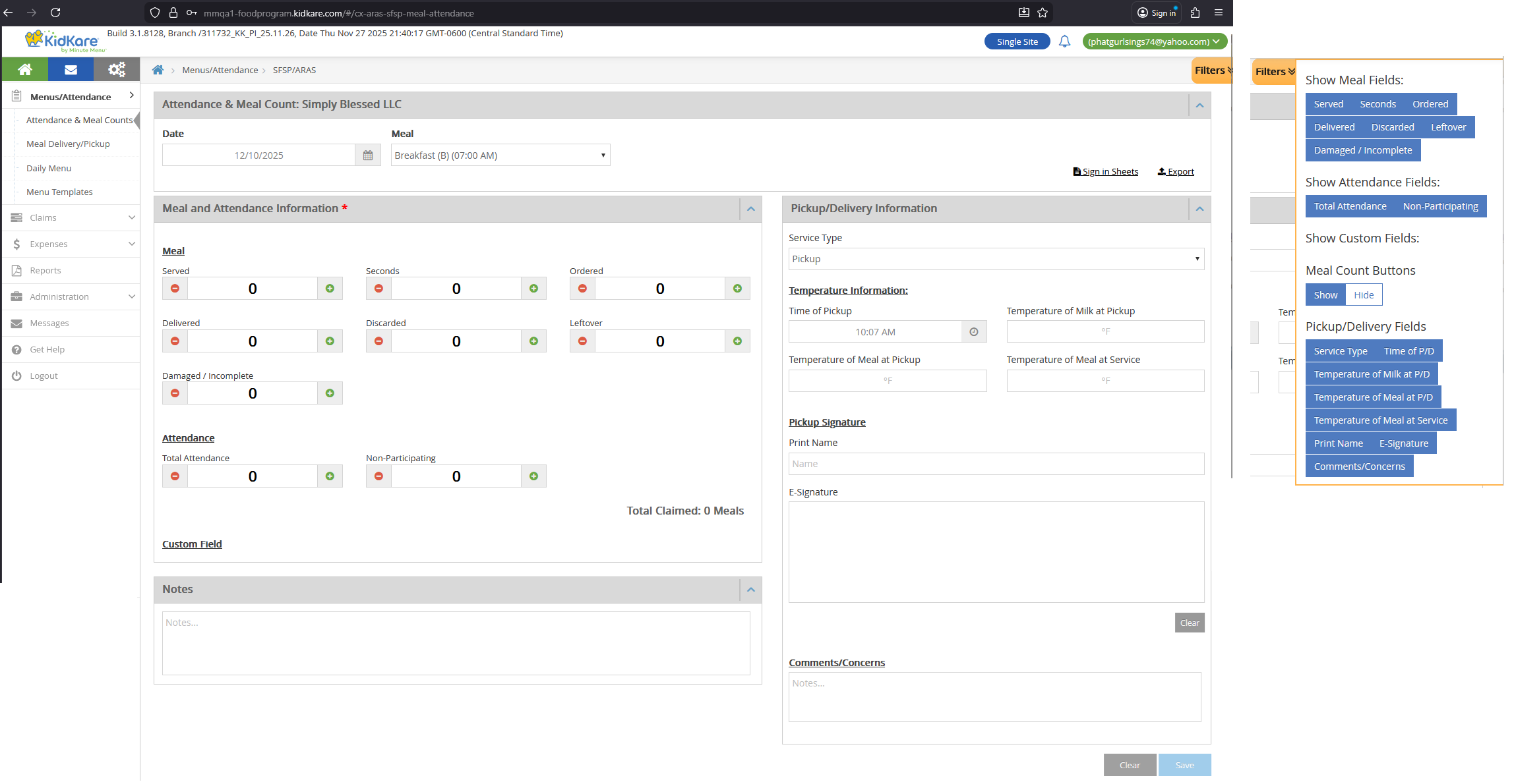Center/IC Attendance & Meal Counts page