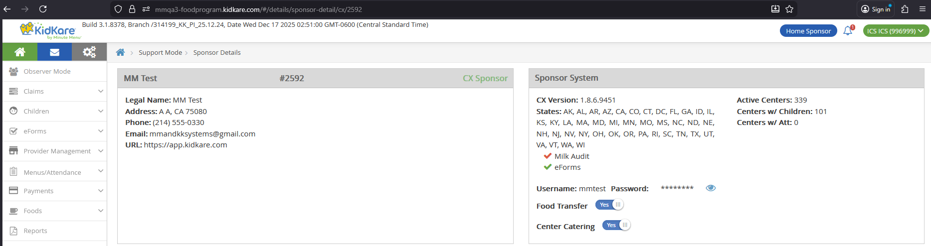 Food Transfer Settings in Support Tools