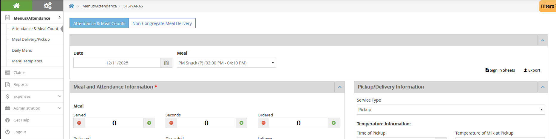 Non-Congregate Meal Delivery tab