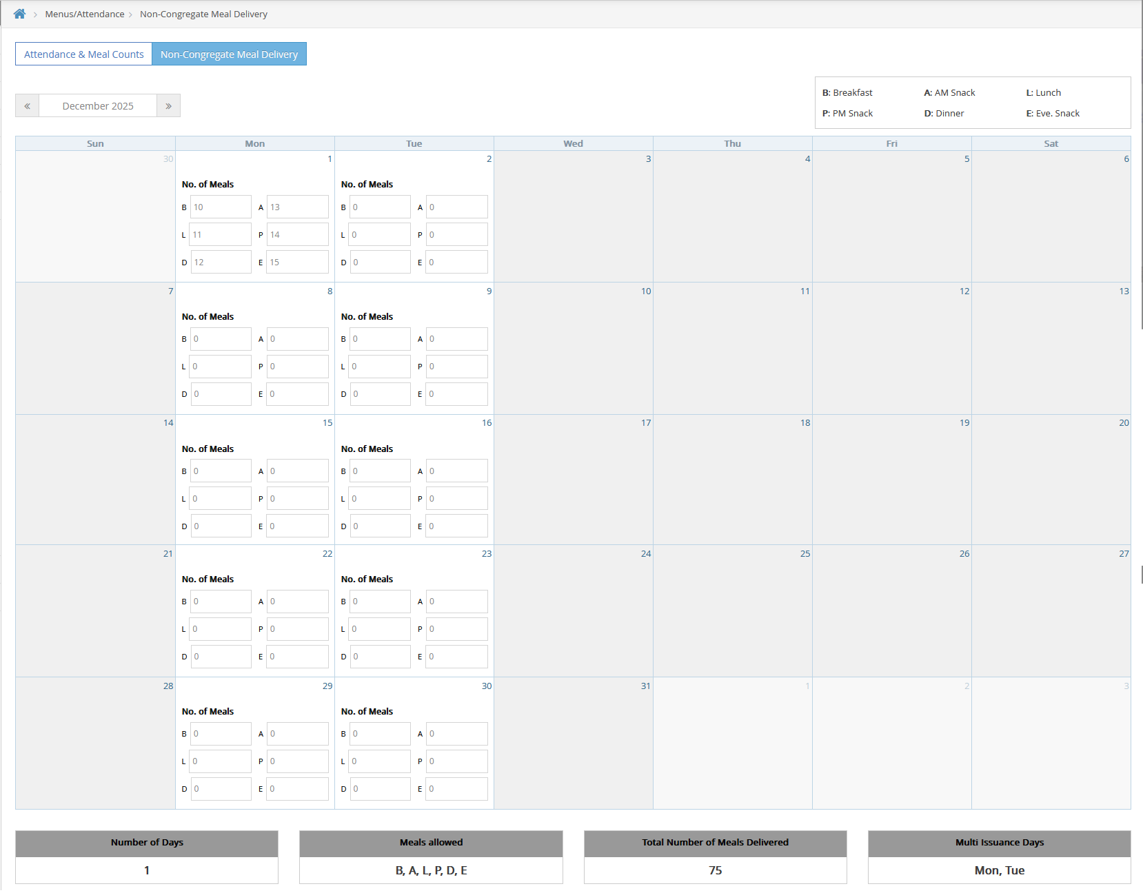 Non-Congregate Meal Delivery calendar