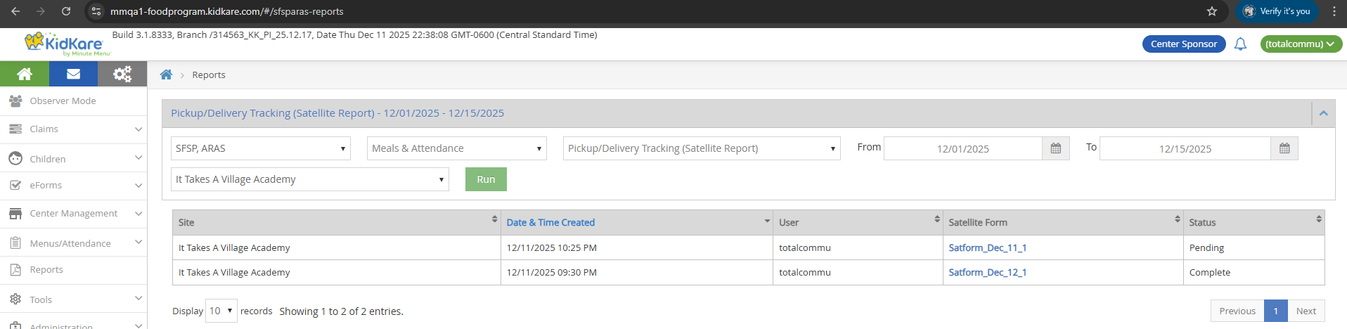 Sponsor data table with Satellite Form links