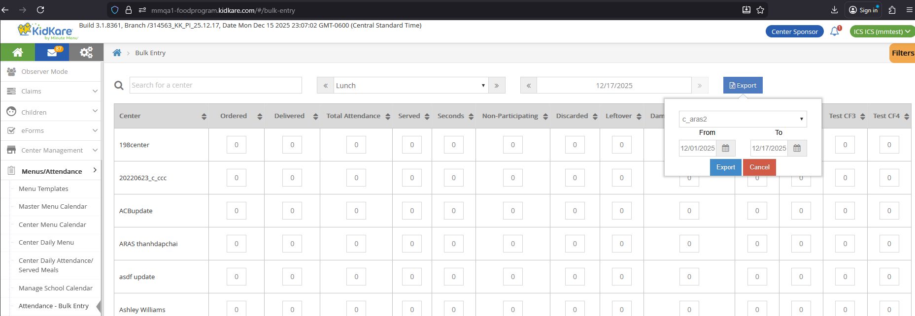 Bulk Entry export location