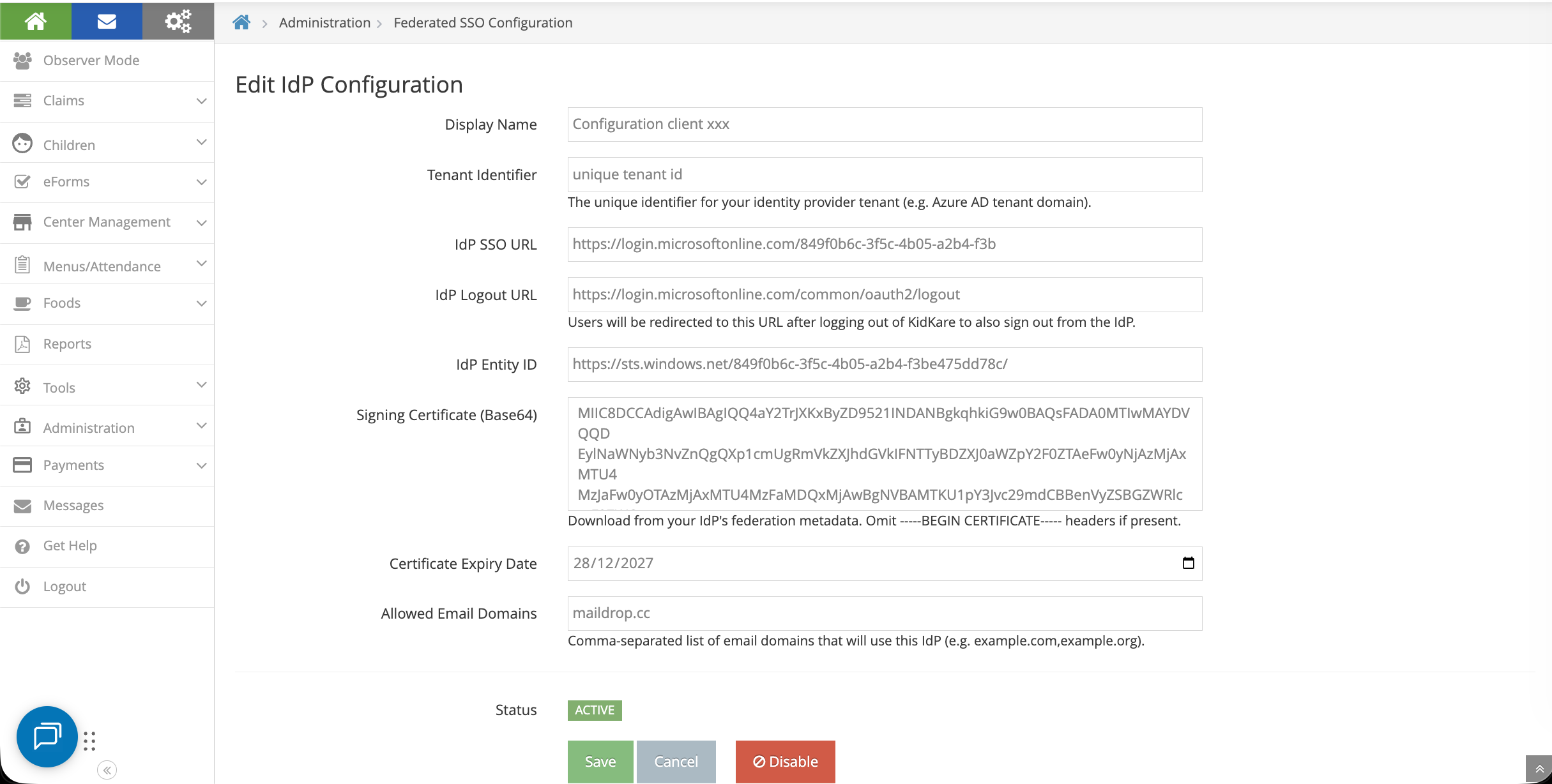IdP Configuration Form