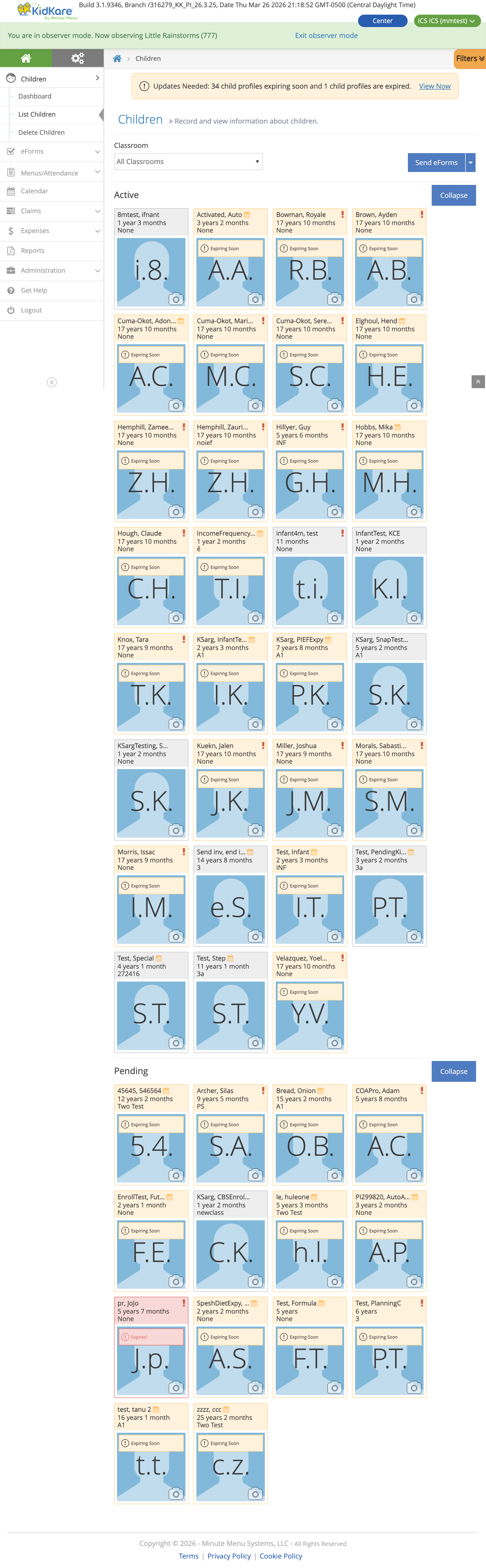 Children list with enrollment status and expiration alerts