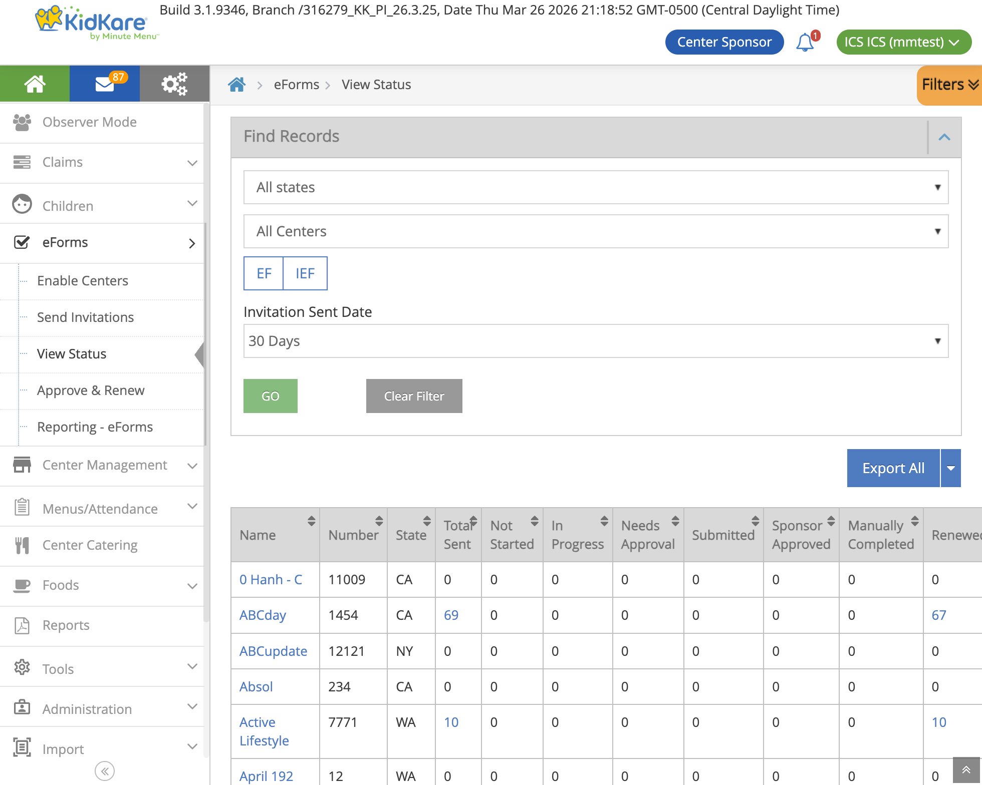 Sponsor View Status — invitation counts per center