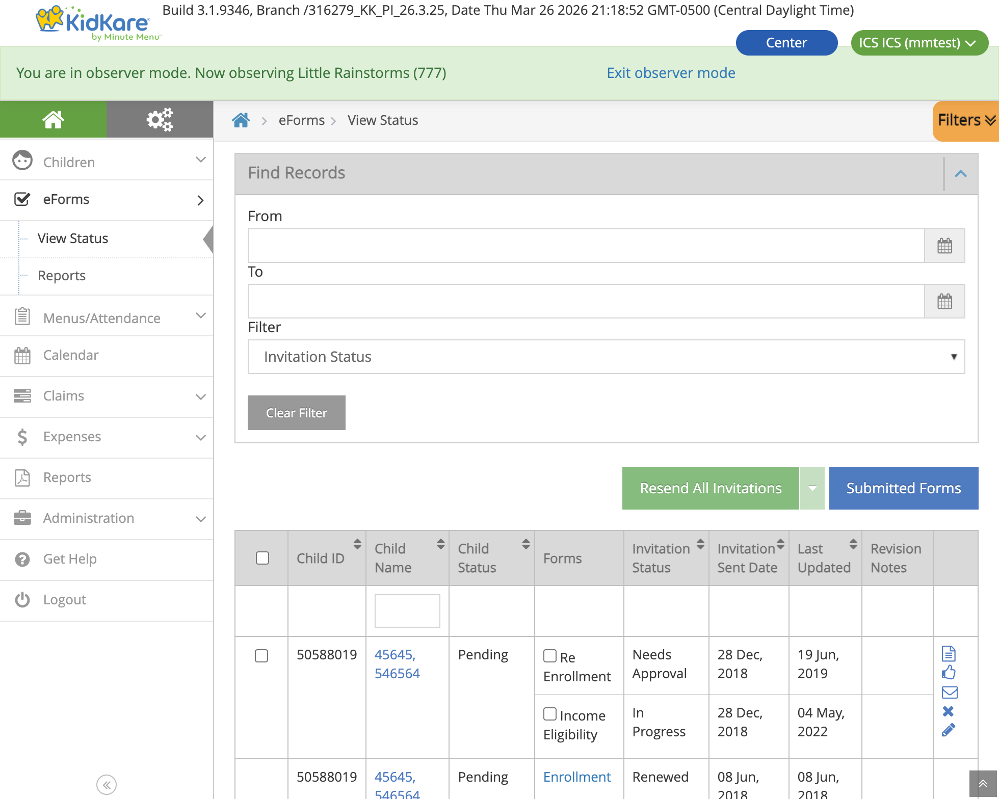 eForms View Status — center-level invitation list showing form statuses and actions